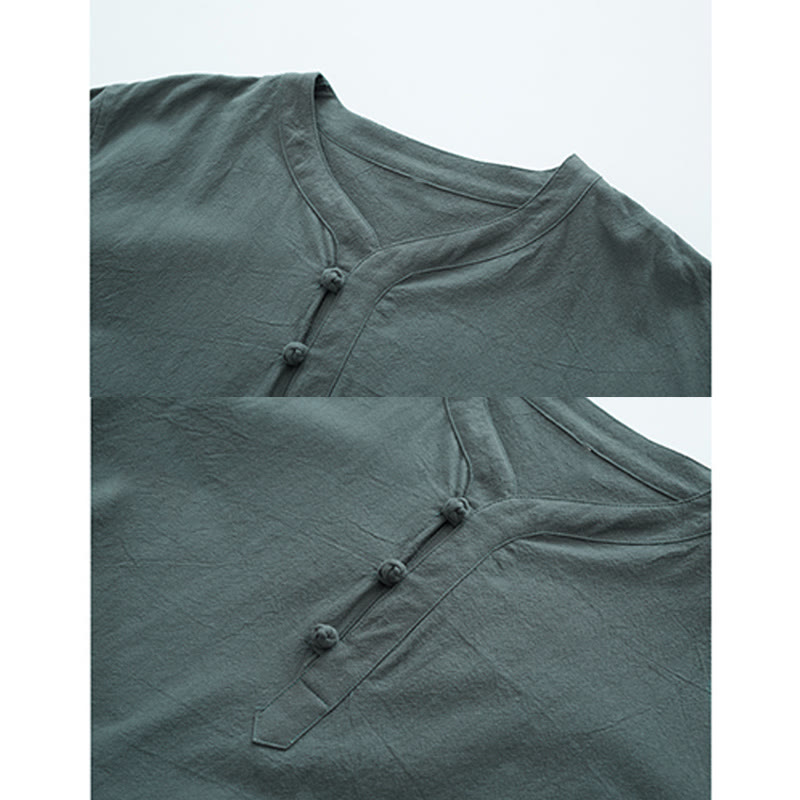 Buddha Stones Jednolity Kolor Tradycyjny T-shirt z krótkim rękawem Spodnie Odzież Męska Zestaw - image 1