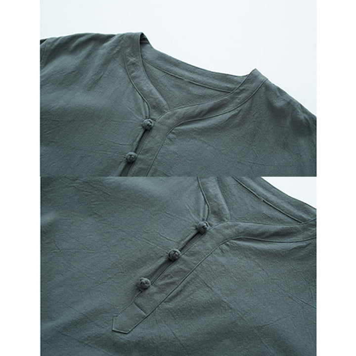 Buddha Stones Jednolity Kolor Tradycyjny T-shirt z krótkim rękawem Spodnie Odzież Męska Zestaw - image 1
