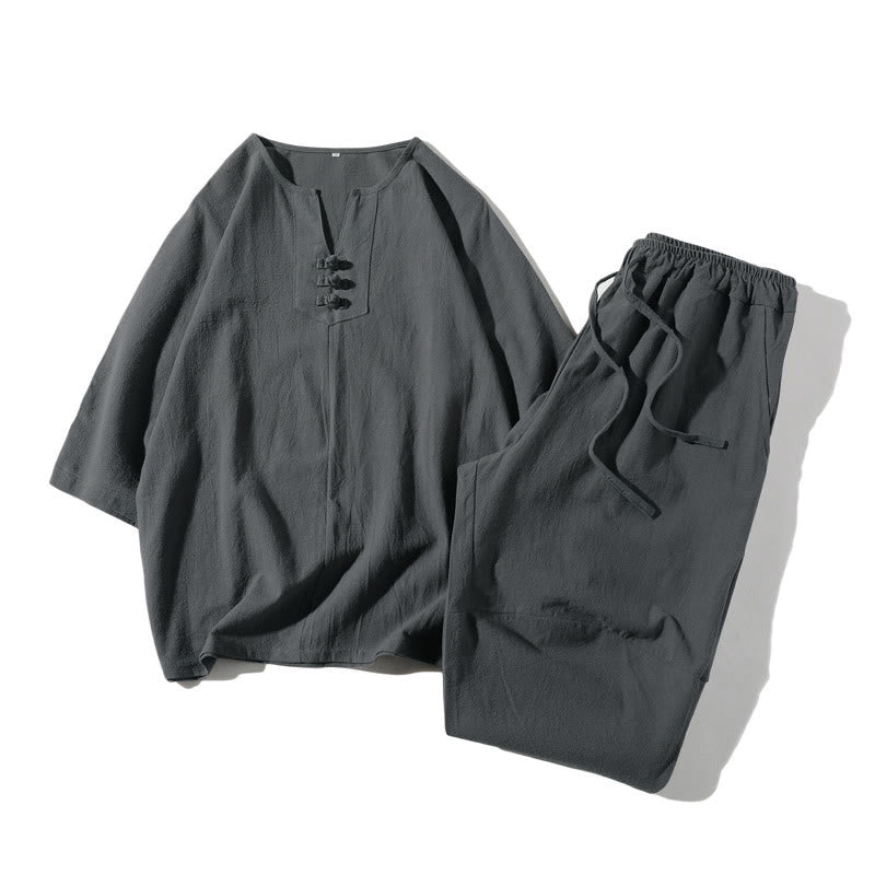 Buddha Stones, 2 sztuki, koszulka z prostym kołnierzykiem z wycięciem, szerokie nogawki, szorty z kieszeniami, męski zestaw do medytacji - Łupkowoszary - US/UK/AU46， EU56 (5XL) - image 0