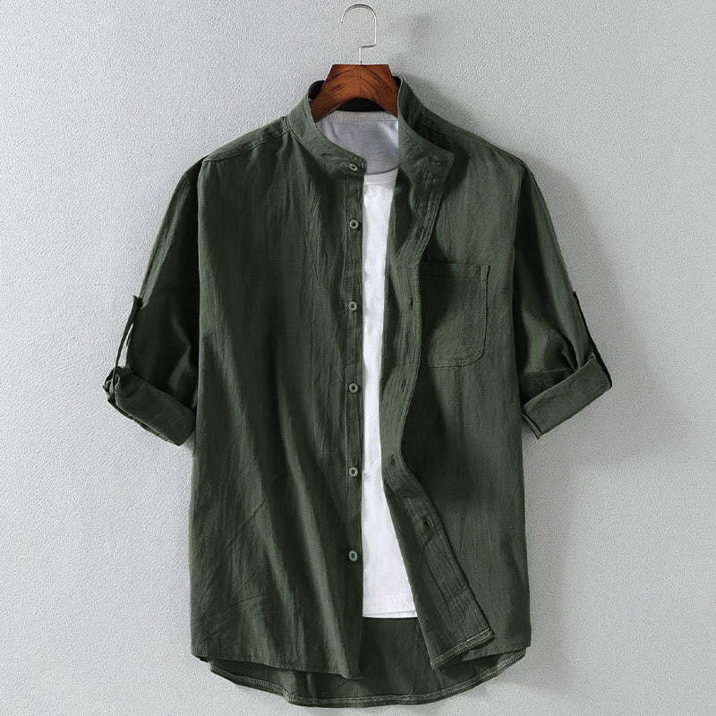 Koszula męska Buddha Stones Vintage Casual, jednorzędowa, z rękawem trzy czwarte i kieszenią - Ciemnozielony - US/UK/AU46， EU56 (5XL) - image 0