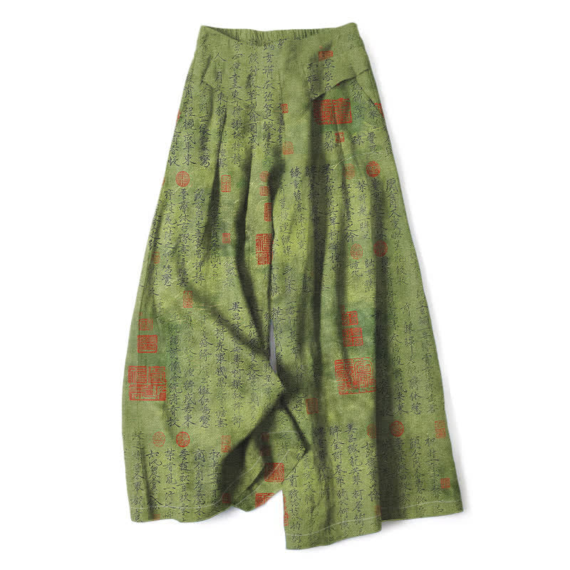 Buddha Stones Spodnie damskie z szerokimi nogawkami i elastyczną talią i kieszeniami, z nadrukiem w stylu vintage i lnem - Oliwkowy - US16, UK/AU20, EU48 (3XL) - image 0