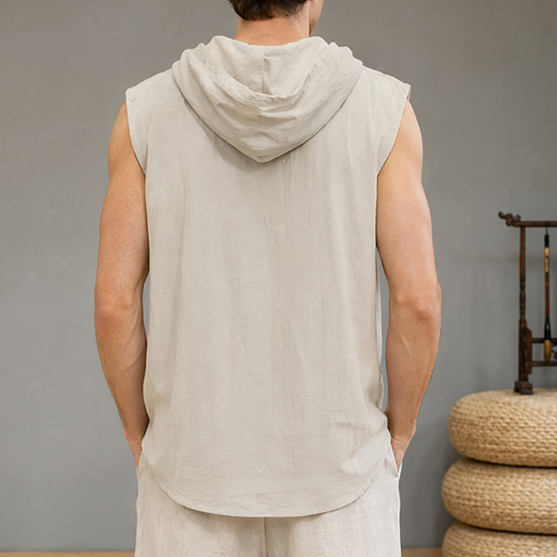Buddha Stones Letnia, swobodna, minimalistyczna męska koszulka bez rękawów zapinana na guziki i ściągana sznurkiem - image 13