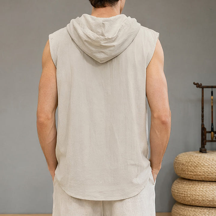 Buddha Stones Letnia, swobodna, minimalistyczna męska koszulka bez rękawów zapinana na guziki i ściągana sznurkiem - image 13