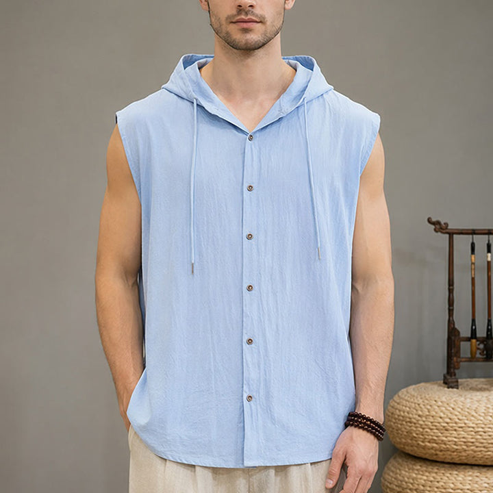 Buddha Stones Letnia, swobodna, minimalistyczna męska koszulka bez rękawów zapinana na guziki i ściągana sznurkiem - Jasnoniebieski - US/UK/AU46, EU56 (3XL) - image 0