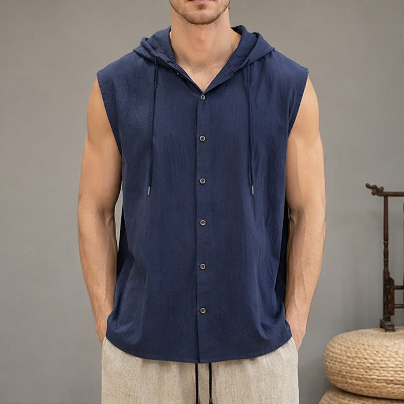 Buddha Stones Letnia, swobodna, minimalistyczna męska koszulka bez rękawów zapinana na guziki i ściągana sznurkiem - MidnightBlue - US/UK/AU46, EU56 (3XL) - image 20
