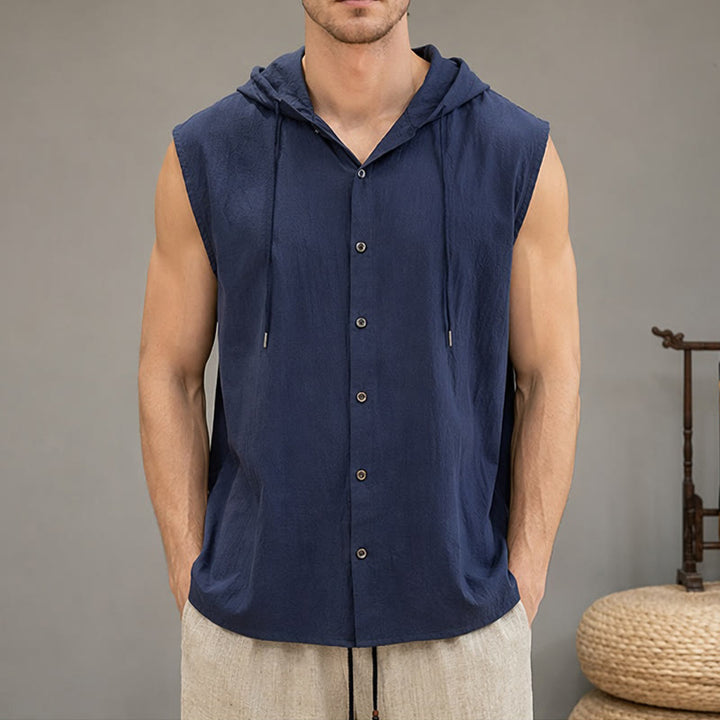 Buddha Stones Letnia, swobodna, minimalistyczna męska koszulka bez rękawów zapinana na guziki i ściągana sznurkiem - MidnightBlue - US/UK/AU46, EU56 (3XL) - image 20