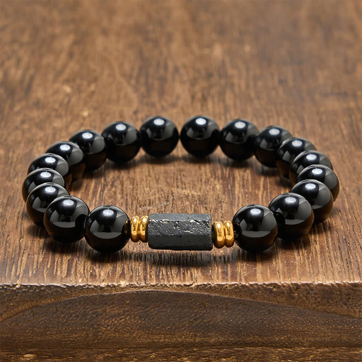 Buddha Stones Minimalistyczna bransoletka z okrągłymi koralikami z czarnego obsydianu i czarnego turmalinu - Czarny obsydian i czarny turmalin (surowa, wydłużona forma · rozmiar różny) - 10 mm (obwód nadgarstka: 16-17 cm) - image 14
