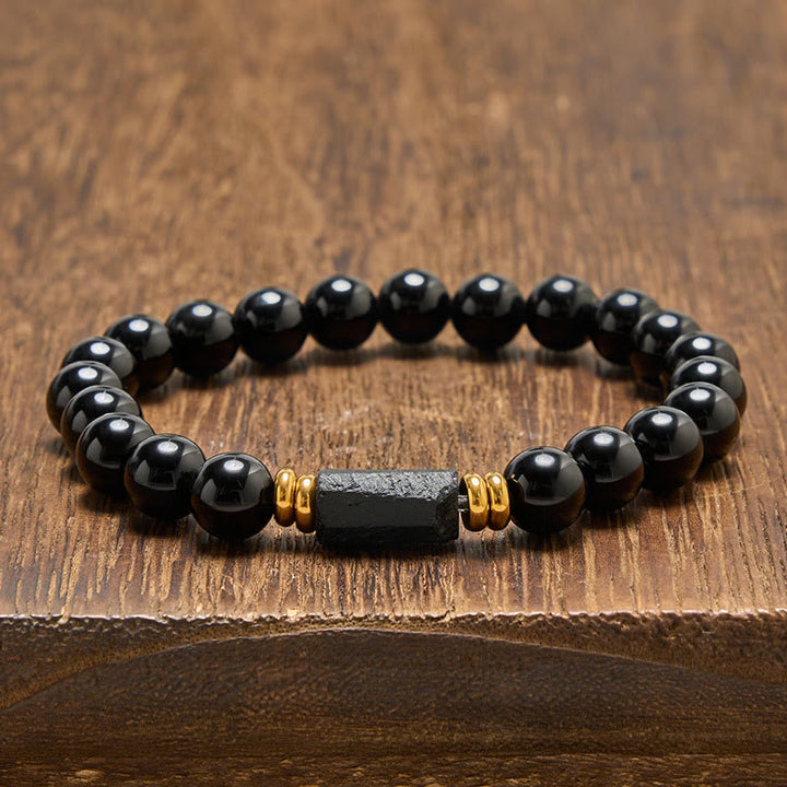 Buddha Stones Minimalistyczna bransoletka z okrągłymi koralikami z czarnego obsydianu i czarnego turmalinu - Czarny obsydian i czarny turmalin (surowa, wydłużona forma · rozmiar różny) - 8 mm (obwód nadgarstka: 15-16 cm) - image 8