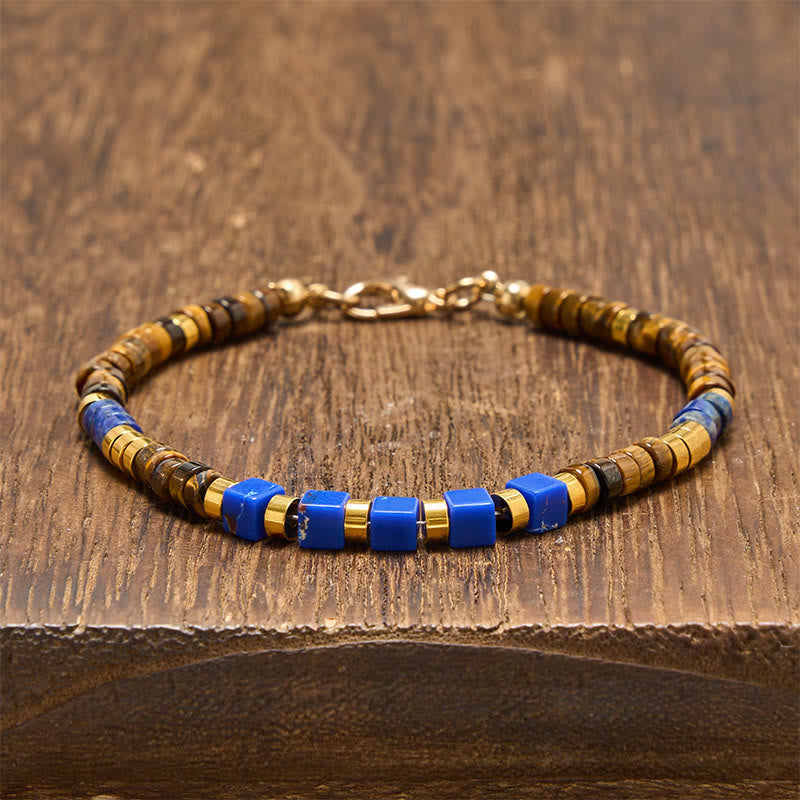 Buddha Stones Bransoletka mądrości z kwadratowymi koralikami z lapis lazuli i tygrysiego oka - Lapis Lazuli i tygrysie oko (obwód nadgarstka: 18-20 cm) - image 0
