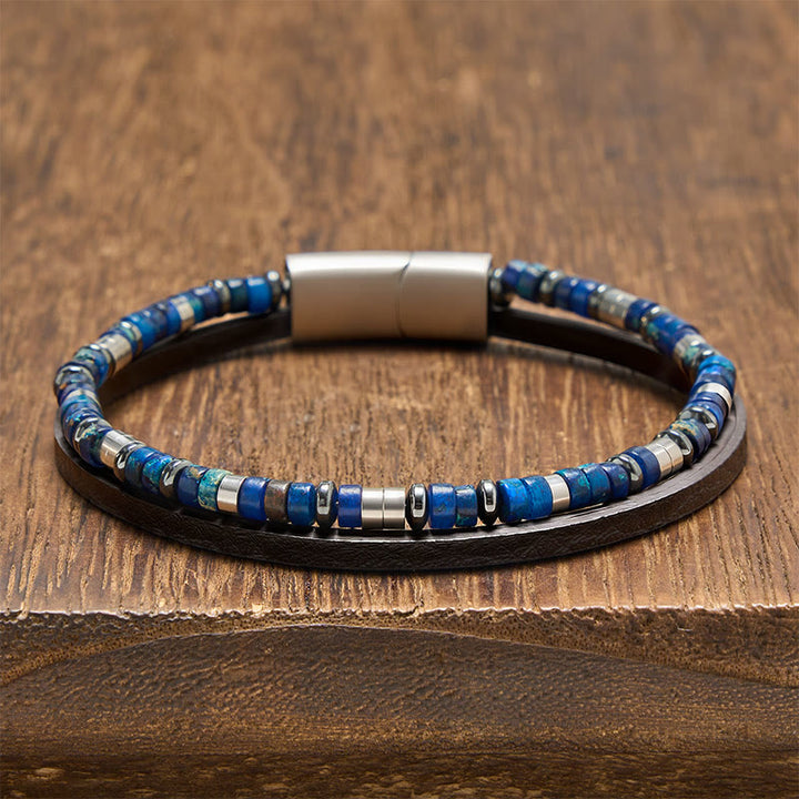 Buddha Stones Bransoletka skórzana Truth Double Wrap z lapis lazuli - Cylindryczny lapis lazuli (obwód nadgarstka: 19-20 cm) - image 0