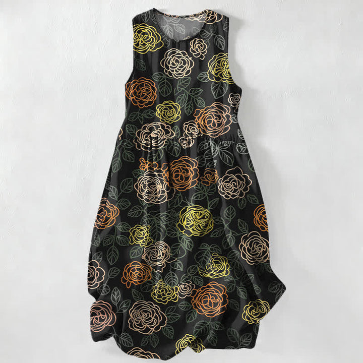Buddha Stones Letnia, swobodna, kolorowa, kwiatowa, szkicowa sukienka midi dla kobiet, bez rękawów, z kieszeniami - Czarny - US16, UK/AU20, EU48 (3XL) - image 0