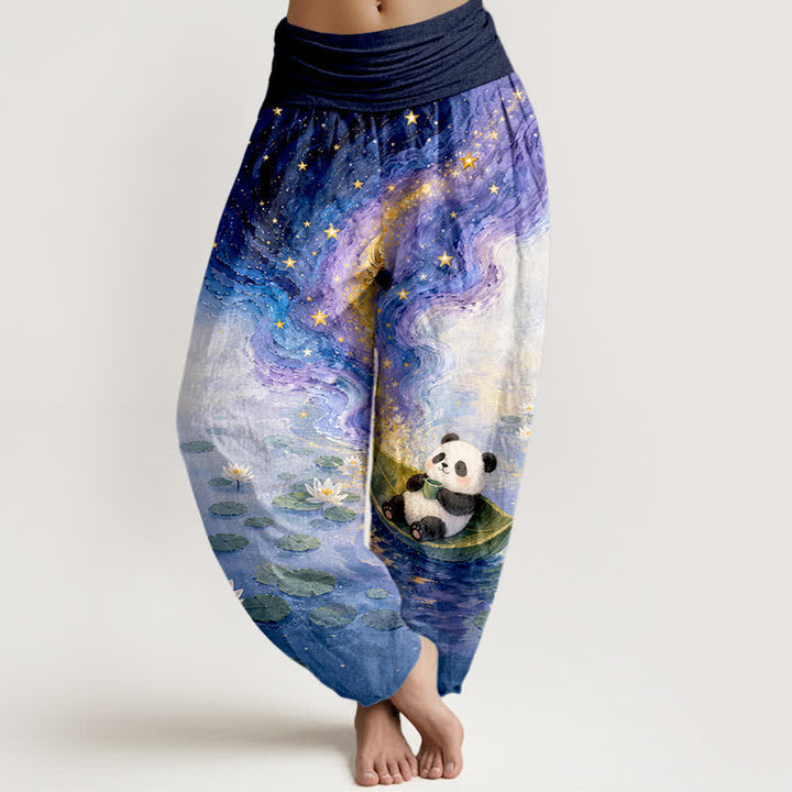 Buddha Stones Spodnie haremki damskie z elastycznej talii z motywem gwieździstego lotosu i pandy z czystej bawełny - Marynarka wojenna - US16, UK/AU20, EU48 (3XL) - image 0
