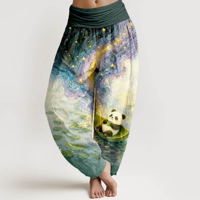 Buddha Stones Spodnie haremki damskie z elastycznej talii z motywem gwieździstego lotosu i pandy z czystej bawełny - Cyraneczka - US16, UK/AU20, EU48 (3XL) - image 5