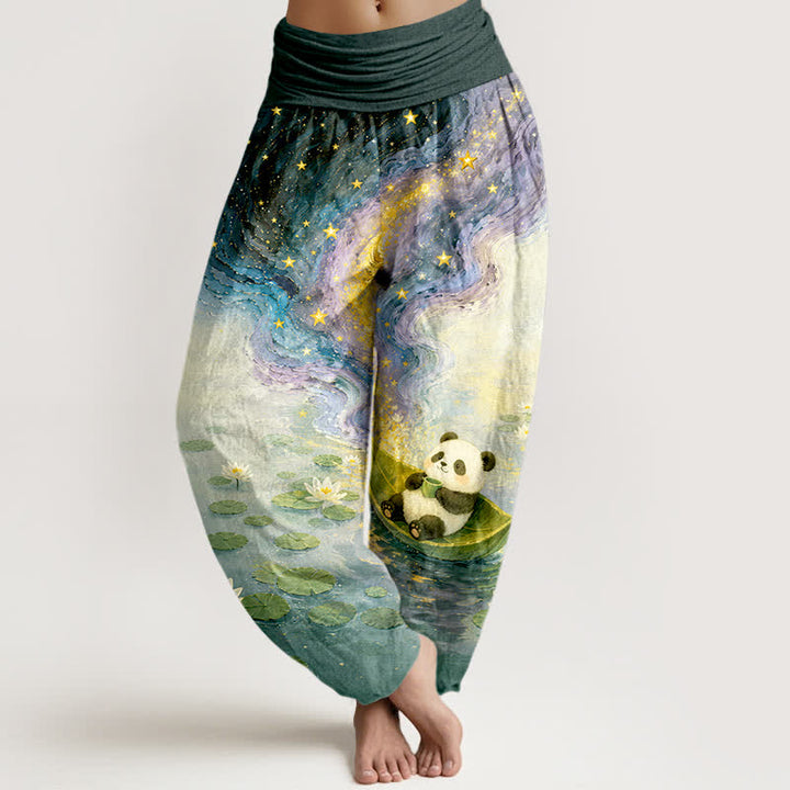 Buddha Stones Spodnie haremki damskie z elastycznej talii z motywem gwieździstego lotosu i pandy z czystej bawełny - Cyraneczka - US16, UK/AU20, EU48 (3XL) - image 5