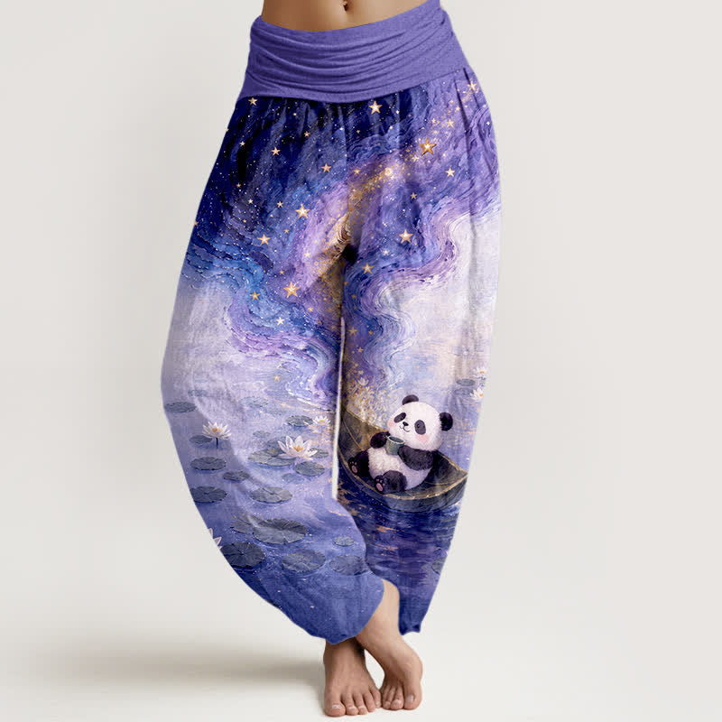 Buddha Stones Spodnie haremki damskie z elastycznej talii z motywem gwieździstego lotosu i pandy z czystej bawełny - SlateBlue - US16, UK/AU20, EU48 (3XL) - image 8