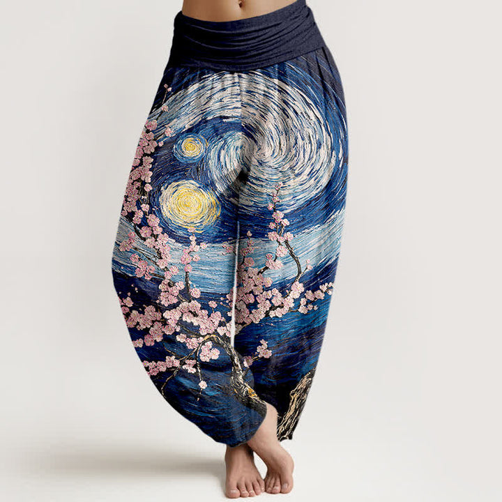 Buddha Stones Spodnie haremki damskie z elastycznej talii z motywem gwieździstego kwiatu z czystej bawełny - Marynarka wojenna - US16, UK/AU20, EU48 (3XL) - image 0