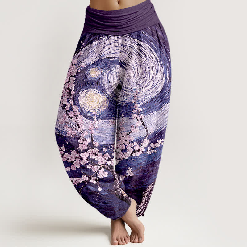 Buddha Stones Spodnie haremki damskie z elastycznej talii z motywem gwieździstego kwiatu z czystej bawełny - Indygo - US16, UK/AU20, EU48 (3XL) - image 5