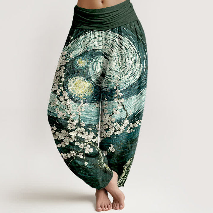 Buddha Stones Spodnie haremki damskie z elastycznej talii z motywem gwieździstego kwiatu z czystej bawełny - Ciemnozielony - US16, UK/AU20, EU48 (3XL) - image 8