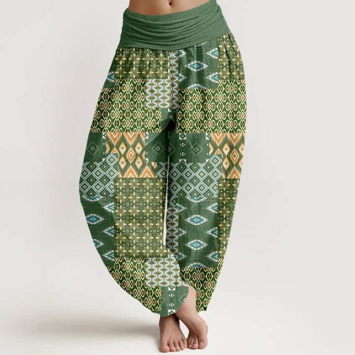 Buddha Stones Spodnie damskie typu harem z elastycznej talii, z czystej bawełny, w geometryczny wzór patchworkowy w stylu boho - Oliwkowy - US16, UK/AU20, EU48 (3XL) - image 0
