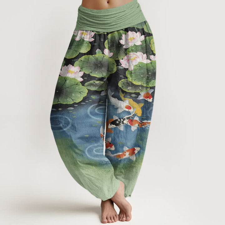 Buddha Stones Spodnie damskie typu harem z bawełny z elastycznym pasem i wzorem Lotus Koi Pond - Oliwkowy - US16, UK/AU20, EU48 (3XL) - image 0