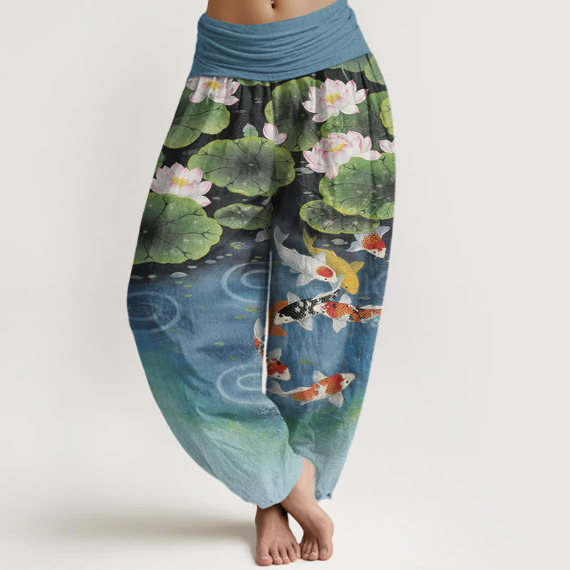 Buddha Stones Spodnie damskie typu harem z bawełny z elastycznym pasem i wzorem Lotus Koi Pond - Stalowoniebieski - US16, UK/AU20, EU48 (3XL) - image 5