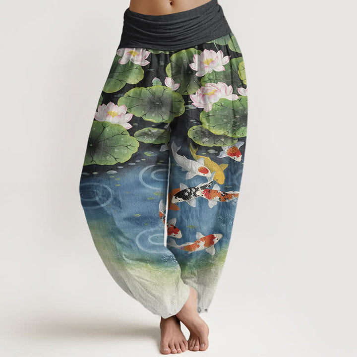 Buddha Stones Spodnie damskie typu harem z bawełny z elastycznym pasem i wzorem Lotus Koi Pond - Czarny - US16, UK/AU20, EU48 (3XL) - image 8