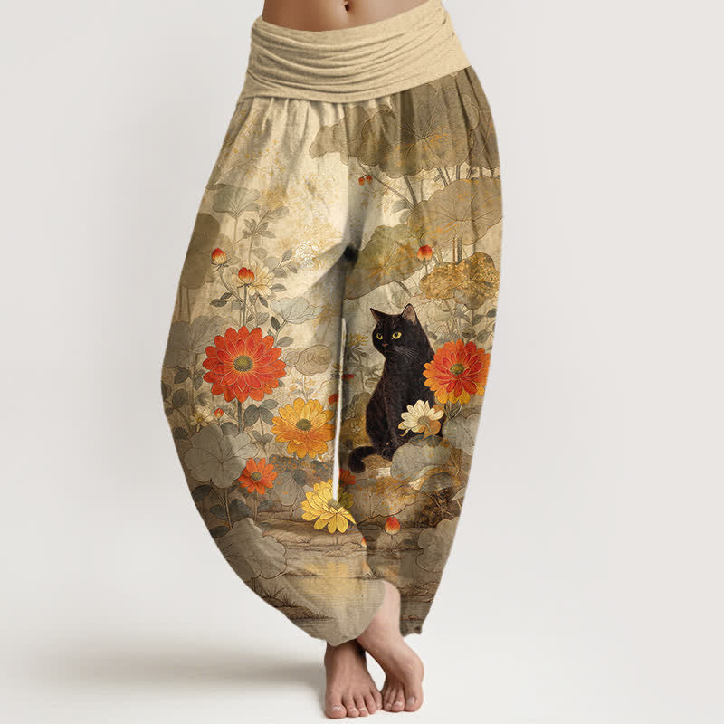 Buddha Stones Spodnie damskie harem z elastycznej talii z motywem czarnego kota w kwiaty z czystej bawełny - Dębnik - US16, UK/AU20, EU48 (3XL) - image 0
