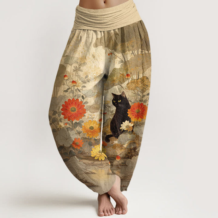 Buddha Stones Spodnie damskie harem z elastycznej talii z motywem czarnego kota w kwiaty z czystej bawełny - Dębnik - US16, UK/AU20, EU48 (3XL) - image 0