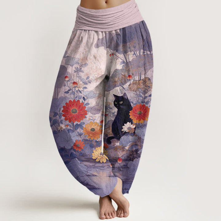 Buddha Stones Spodnie damskie harem z elastycznej talii z motywem czarnego kota w kwiaty z czystej bawełny - Oset - US16, UK/AU20, EU48 (3XL) - image 8
