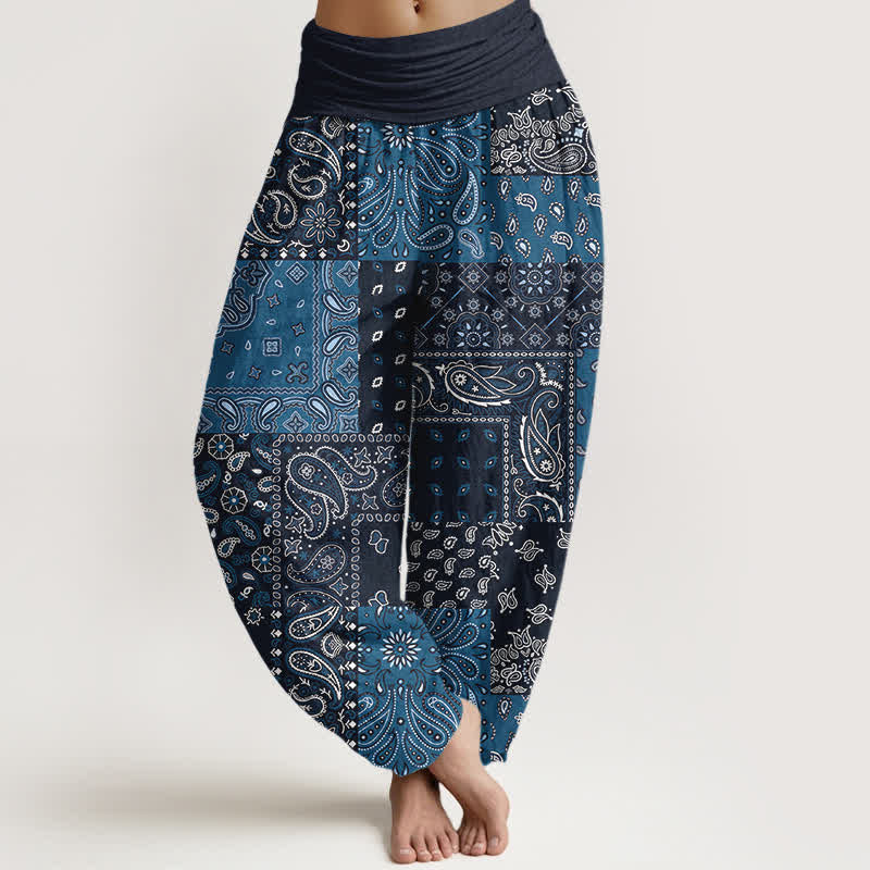 Buddha Stones Eleganckie damskie spodnie haremowe z elastycznej talii w kolorze czystej bawełny z wzorem paisley - Marynarka wojenna - US16, UK/AU20, EU48 (3XL) - image 0