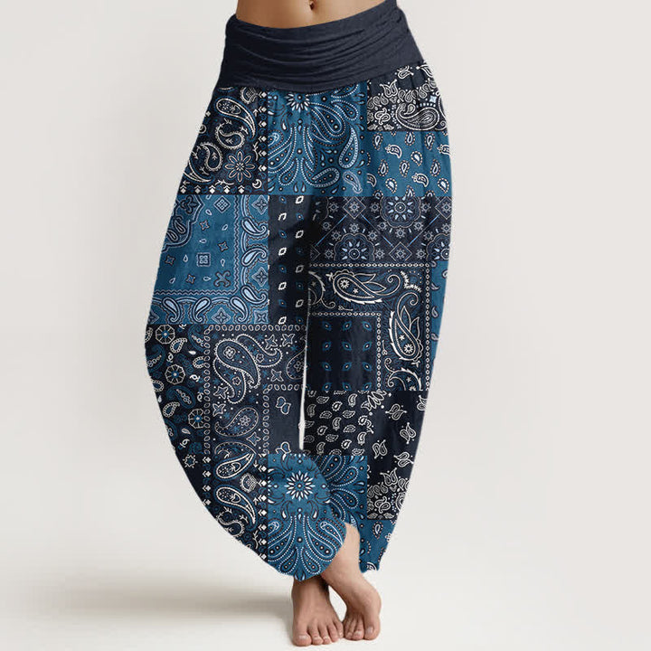 Buddha Stones Eleganckie damskie spodnie haremowe z elastycznej talii w kolorze czystej bawełny z wzorem paisley - Marynarka wojenna - US16, UK/AU20, EU48 (3XL) - image 0