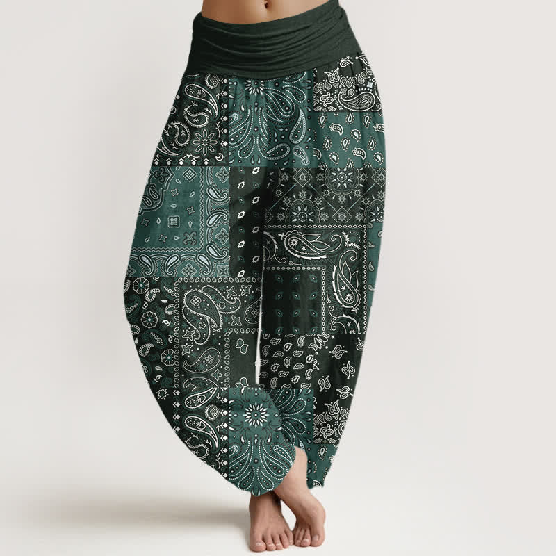 Buddha Stones Eleganckie damskie spodnie haremowe z elastycznej talii w kolorze czystej bawełny z wzorem paisley - DarkSlateGray - US16, UK/AU20, EU48 (3XL) - image 5