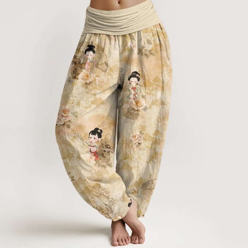 Buddha Stones Spodnie damskie haremki z elastycznej talii z czystej bawełny w kwiaty w stylu vintage - Pszenica - US16, UK/AU20, EU48 (3XL) - image 0