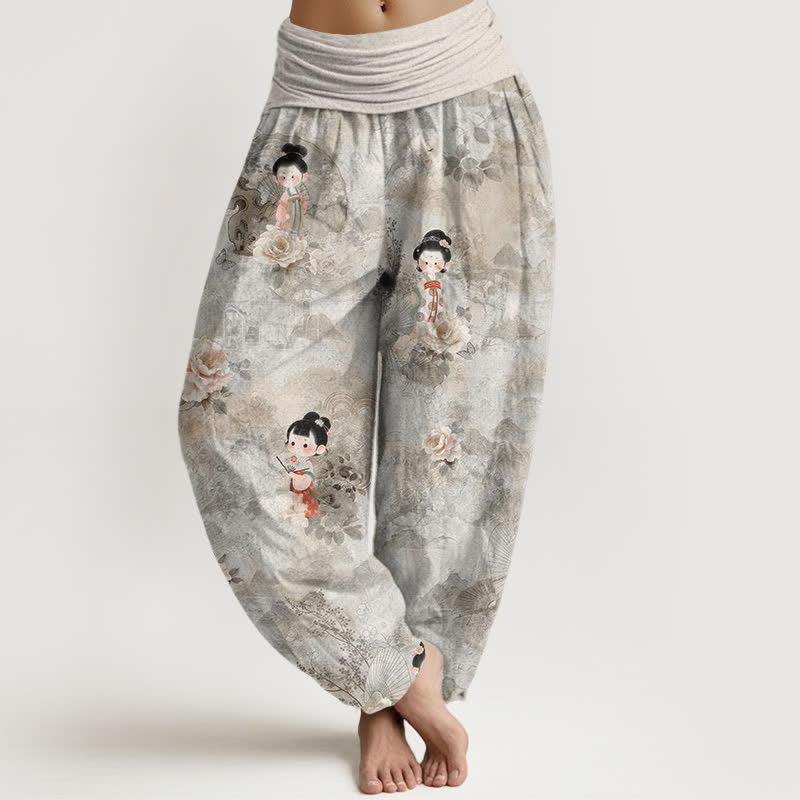 Buddha Stones Spodnie damskie haremki z elastycznej talii z czystej bawełny w kwiaty w stylu vintage - Jasnoszary - US16, UK/AU20, EU48 (3XL) - image 5