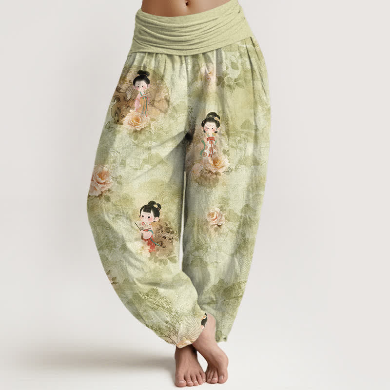 Buddha Stones Spodnie damskie haremki z elastycznej talii z czystej bawełny w kwiaty w stylu vintage - Ciemny Khaki - US16, UK/AU20, EU48 (3XL) - image 8