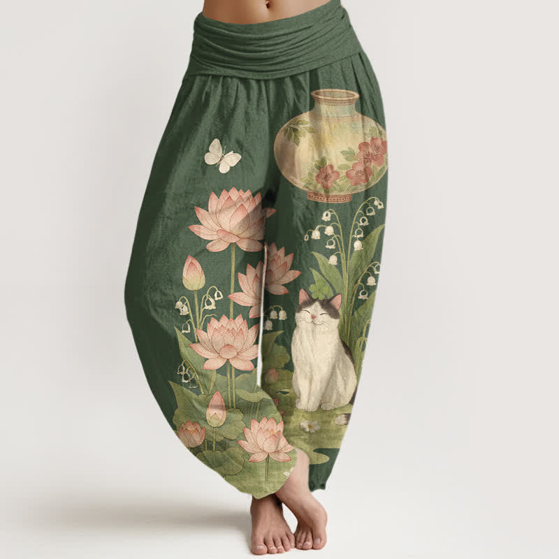 Buddha Stones Spodnie damskie typu harem z elastycznej talii z motywem kota lotosu z czystej bawełny - DarkOliveGreen - US16, UK/AU20, EU48 (3XL) - image 5