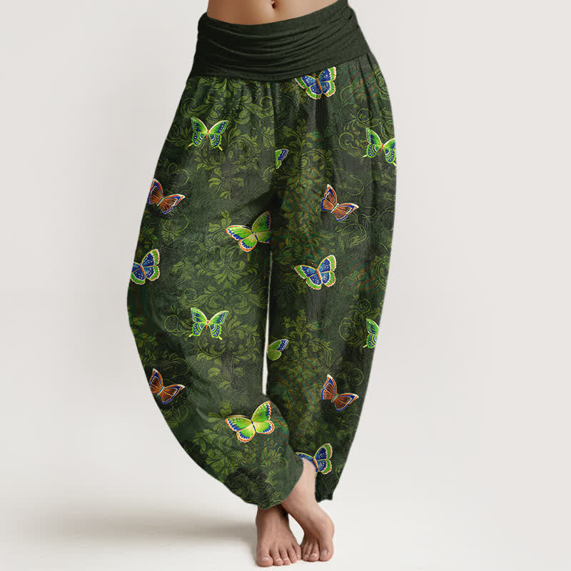 Buddha Stones Spodnie damskie haremowe z elastycznej talii z motywem motyli i czystej bawełny - DarkOliveGreen - US16, UK/AU20, EU48 (3XL) - image 0