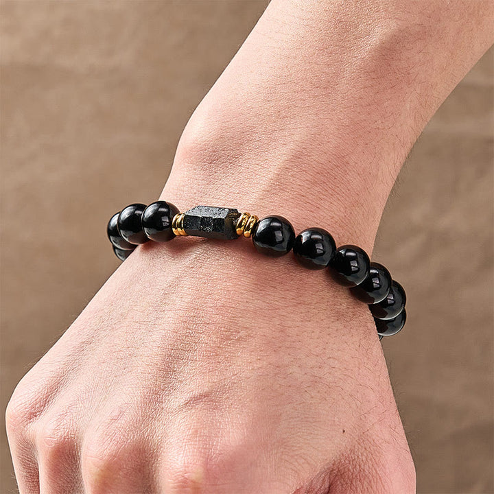 Buddha Stones Minimalistyczna bransoletka z okrągłymi koralikami z czarnego obsydianu i czarnego turmalinu - image 19