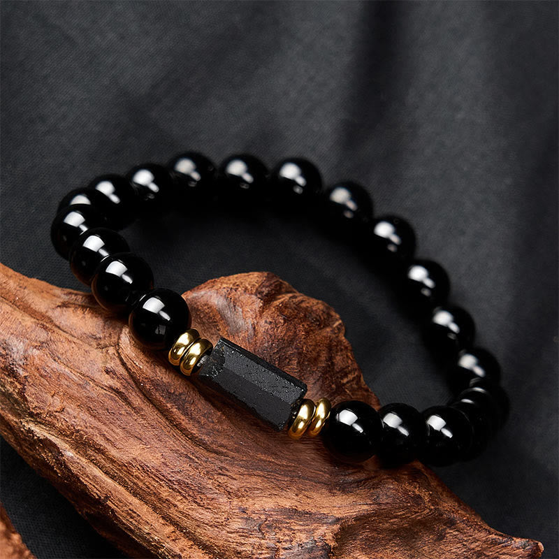 Buddha Stones Minimalistyczna bransoletka z okrągłymi koralikami z czarnego obsydianu i czarnego turmalinu - image 11