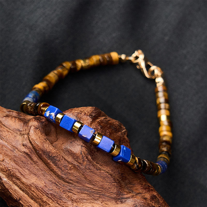 Buddha Stones Bransoletka mądrości z kwadratowymi koralikami z lapis lazuli i tygrysiego oka - image 3