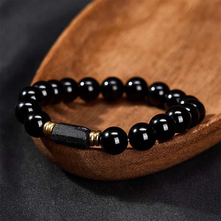 Buddha Stones Minimalistyczna bransoletka z okrągłymi koralikami z czarnego obsydianu i czarnego turmalinu - image 16