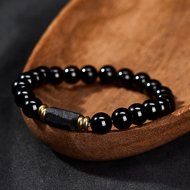 Buddha Stones Minimalistyczna bransoletka z okrągłymi koralikami z czarnego obsydianu i czarnego turmalinu - image 10