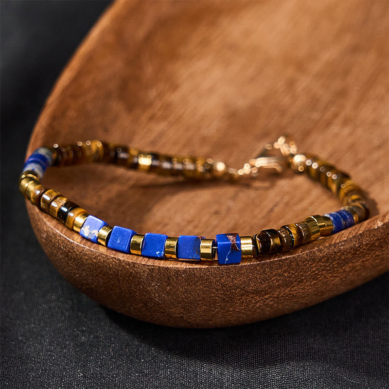 Buddha Stones Bransoletka mądrości z kwadratowymi koralikami z lapis lazuli i tygrysiego oka - image 2