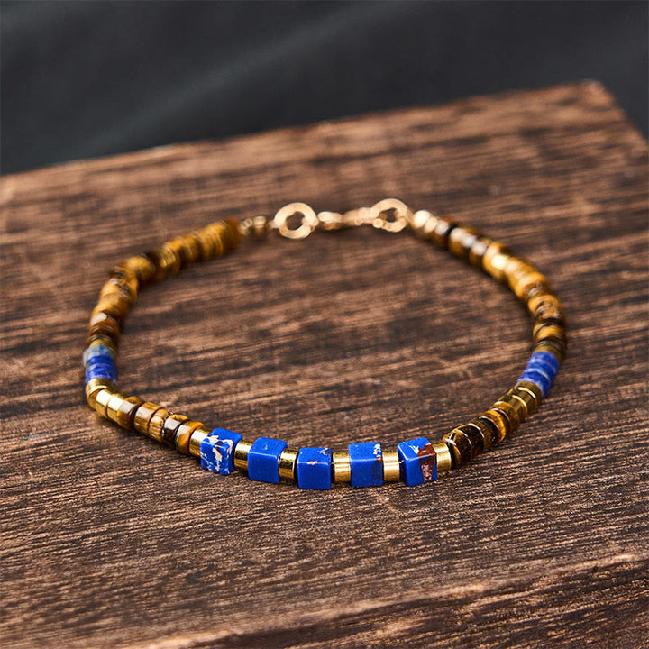 Buddha Stones Bransoletka mądrości z kwadratowymi koralikami z lapis lazuli i tygrysiego oka - image 1