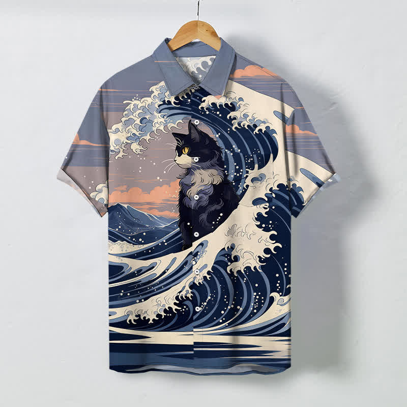 Buddha Stones Koszula męska z krótkim rękawem i oddychającym nadrukiem Great Wave Black Cat Pattern - LightSteelBlue - US/UK/AU48， EU58 (4XL) - image 0