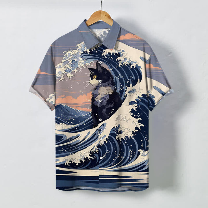 Buddha Stones Koszula męska z krótkim rękawem i oddychającym nadrukiem Great Wave Black Cat Pattern - LightSteelBlue - US/UK/AU48， EU58 (4XL) - image 0