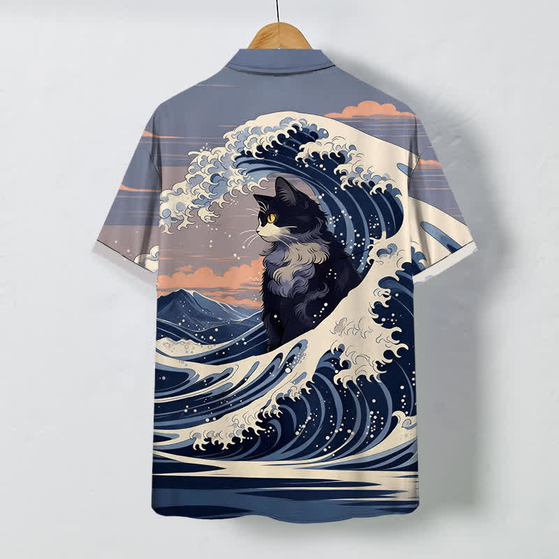 Buddha Stones Koszula męska z krótkim rękawem i oddychającym nadrukiem Great Wave Black Cat Pattern - image 1