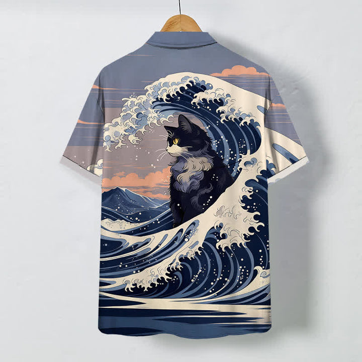 Buddha Stones Koszula męska z krótkim rękawem i oddychającym nadrukiem Great Wave Black Cat Pattern - image 1