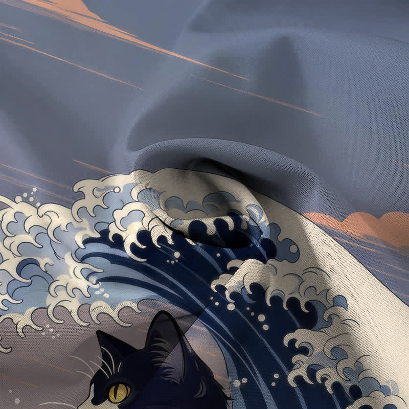 Buddha Stones Koszula męska z krótkim rękawem i oddychającym nadrukiem Great Wave Black Cat Pattern - image 4