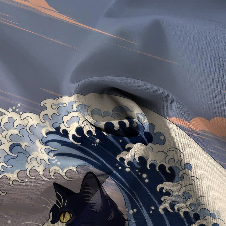 Buddha Stones Koszula męska z krótkim rękawem i oddychającym nadrukiem Great Wave Black Cat Pattern - image 4